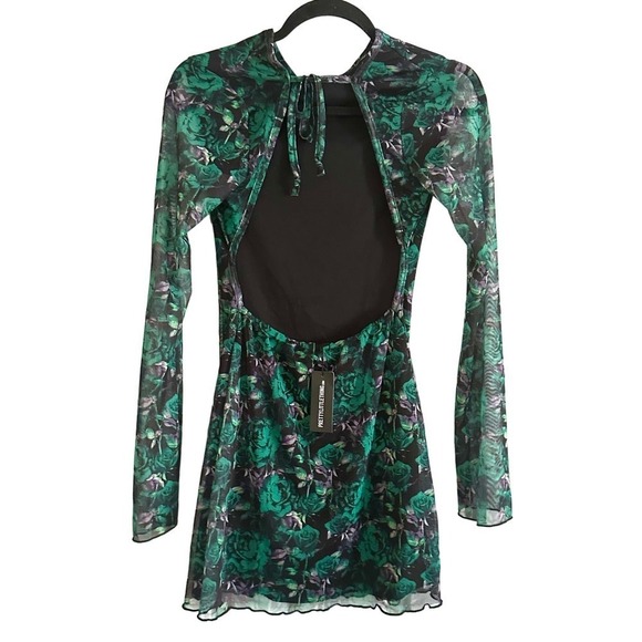 NWT PrettyLittleThing Green Floral Print Mesh Scoop Back Flare Sleeve  Dress - 4 - Picture 4 of 6